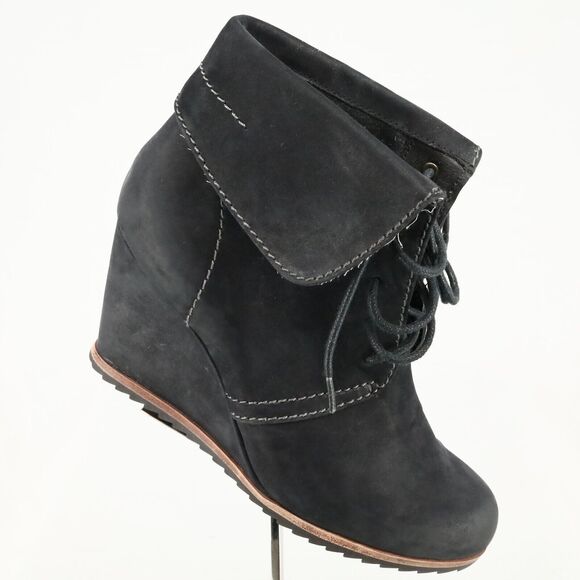 Biala Boots Womens 7 US 37 EU Black Leather Wedge Bootie Lace Up Cuffed Boho - Picture 1 of 14